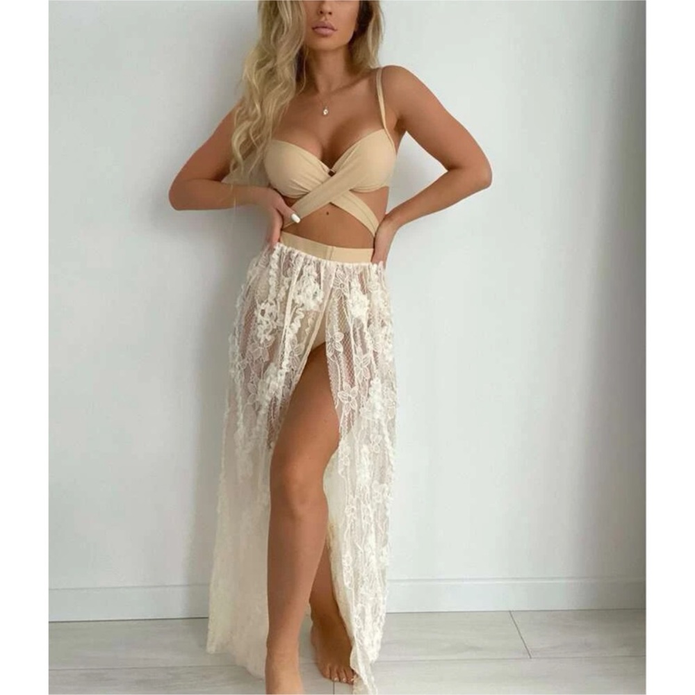 Bohemian Cream Lace Bikini Coverup 3 Piece Set Swim Beach Swimsuit S M L